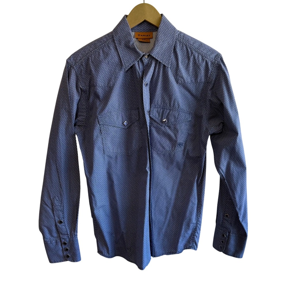 Ariat Men's Small Blue White Pattern Snap Button Up Shirt Western Country Barn